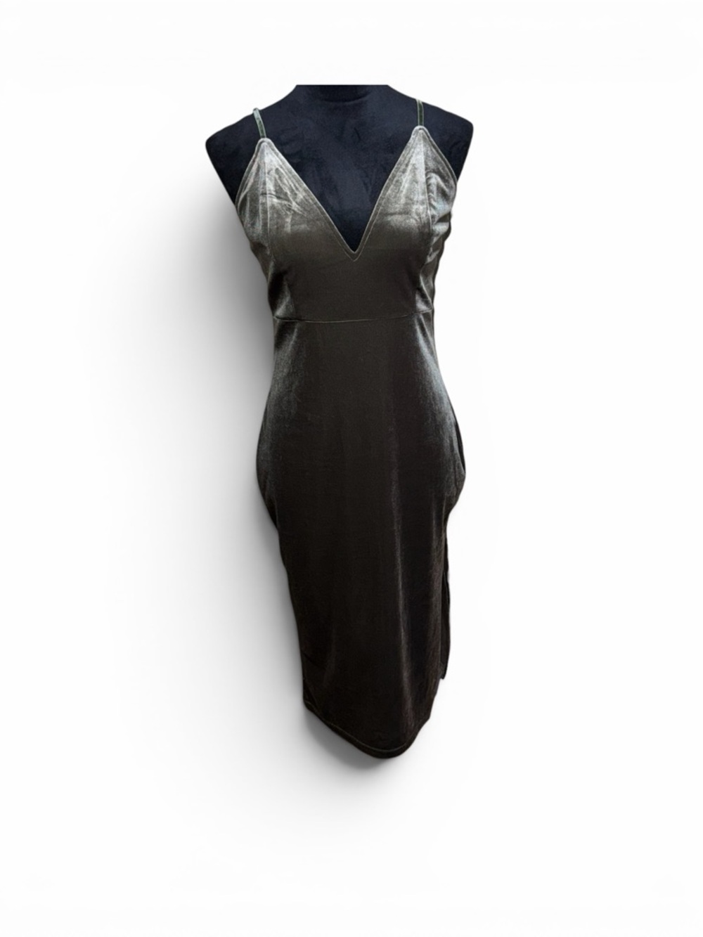AKIRA Olive Green Satin V-Neck Midi Slip Dress